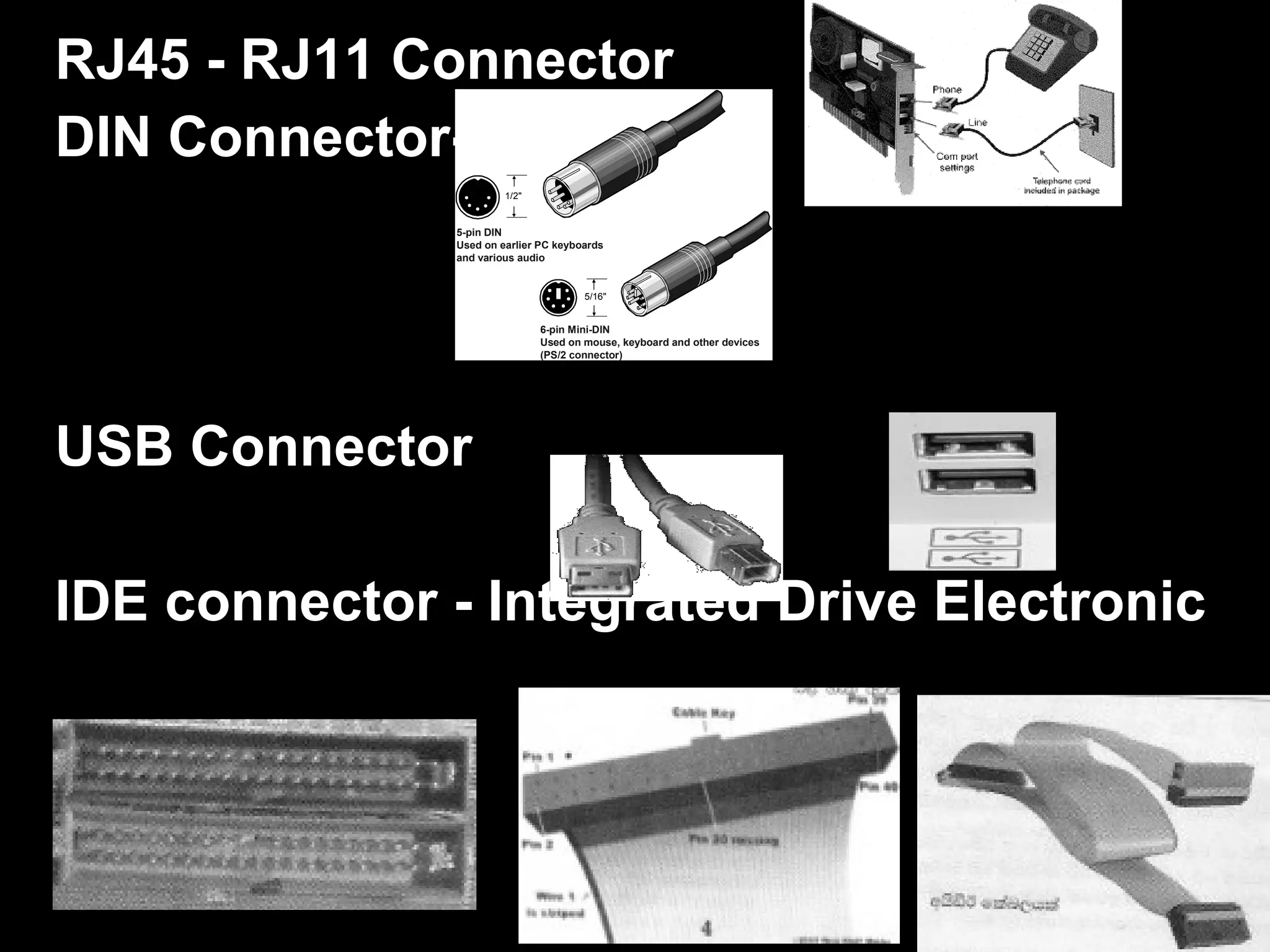 RJ45 - RJ11 Connector
DIN Connector-
USB Connector
IDE connector - Integrated Drive Electronic
5-pin DIN
Used on earlier PC keyboards
and various audio
6-pin Mini-DIN
Used on mouse, keyboard and other devices
(PS/2 connector)
5/16"
1/2"
 