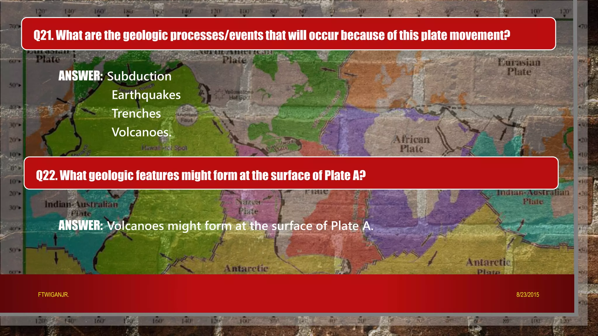 Q21. What are the geologic processes/events that will occur because of this plate movement?
ANSWER: Subduction
Earthquakes
Trenches
Volcanoes.
Q22. What geologic features might form at the surface of Plate A?
ANSWER: Volcanoes might form at the surface of Plate A.
8/23/2015FTWIGANJR.
 