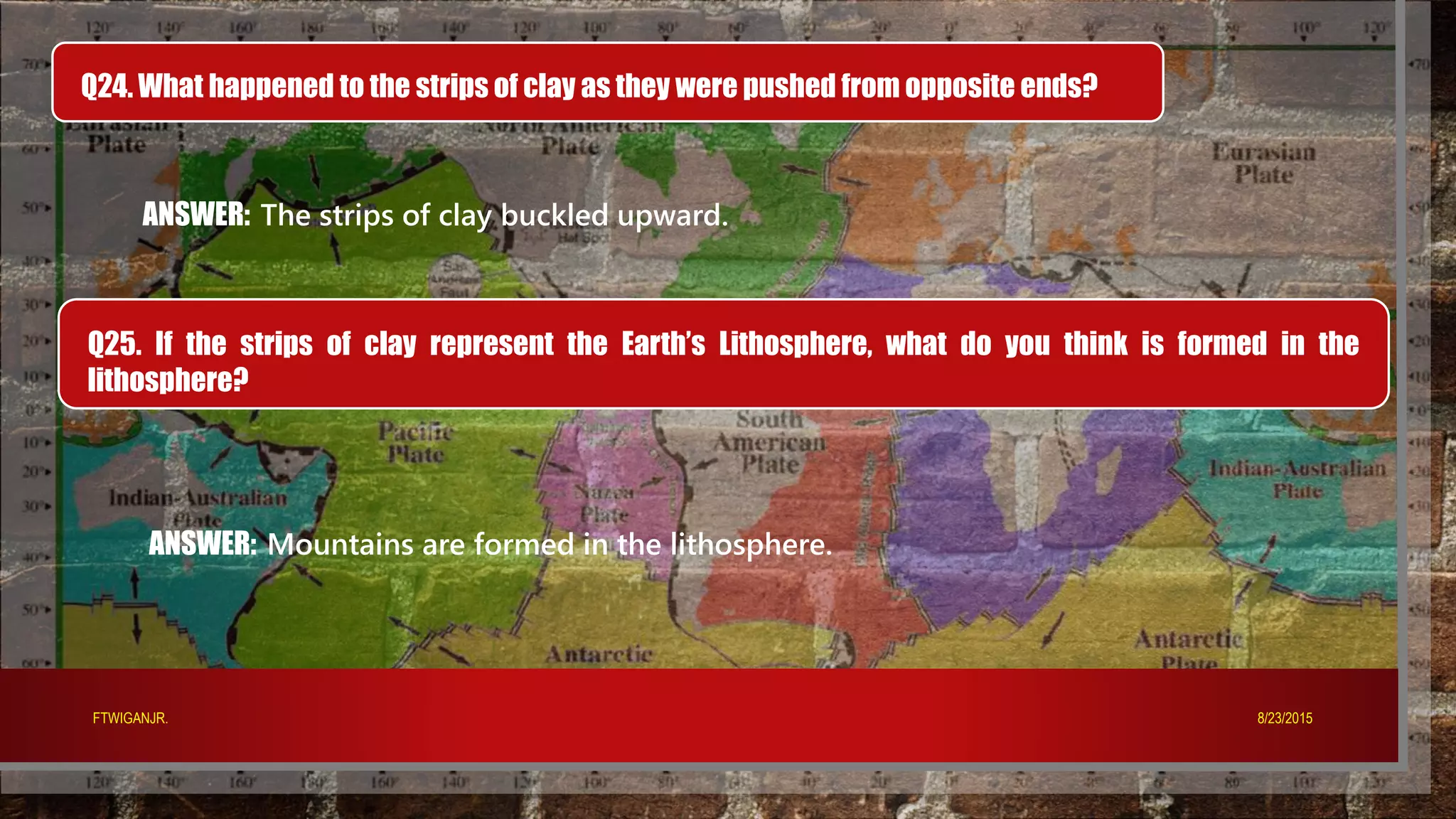 Q24. What happened to the strips of clay as they were pushed from opposite ends?
ANSWER: The strips of clay buckled upward.
Q25. If the strips of clay represent the Earth’s Lithosphere, what do you think is formed in the
lithosphere?
ANSWER: Mountains are formed in the lithosphere.
8/23/2015FTWIGANJR.
 