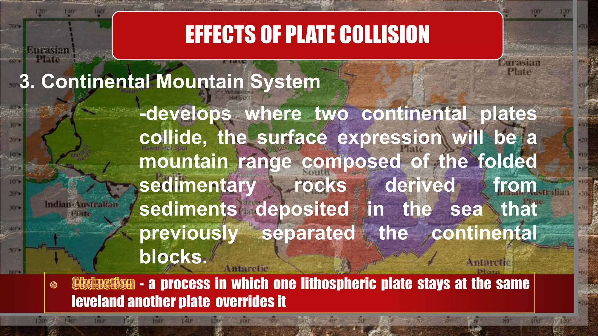 EFFECTS OF PLATE COLLISION
3. Continental Mountain System
-develops where two continental plates
collide, the surface expression will be a
mountain range composed of the folded
sedimentary rocks derived from
sediments deposited in the sea that
previously separated the continental
blocks.
- a process in which one lithospheric plate stays at the same
leveland another plate overrides it
 