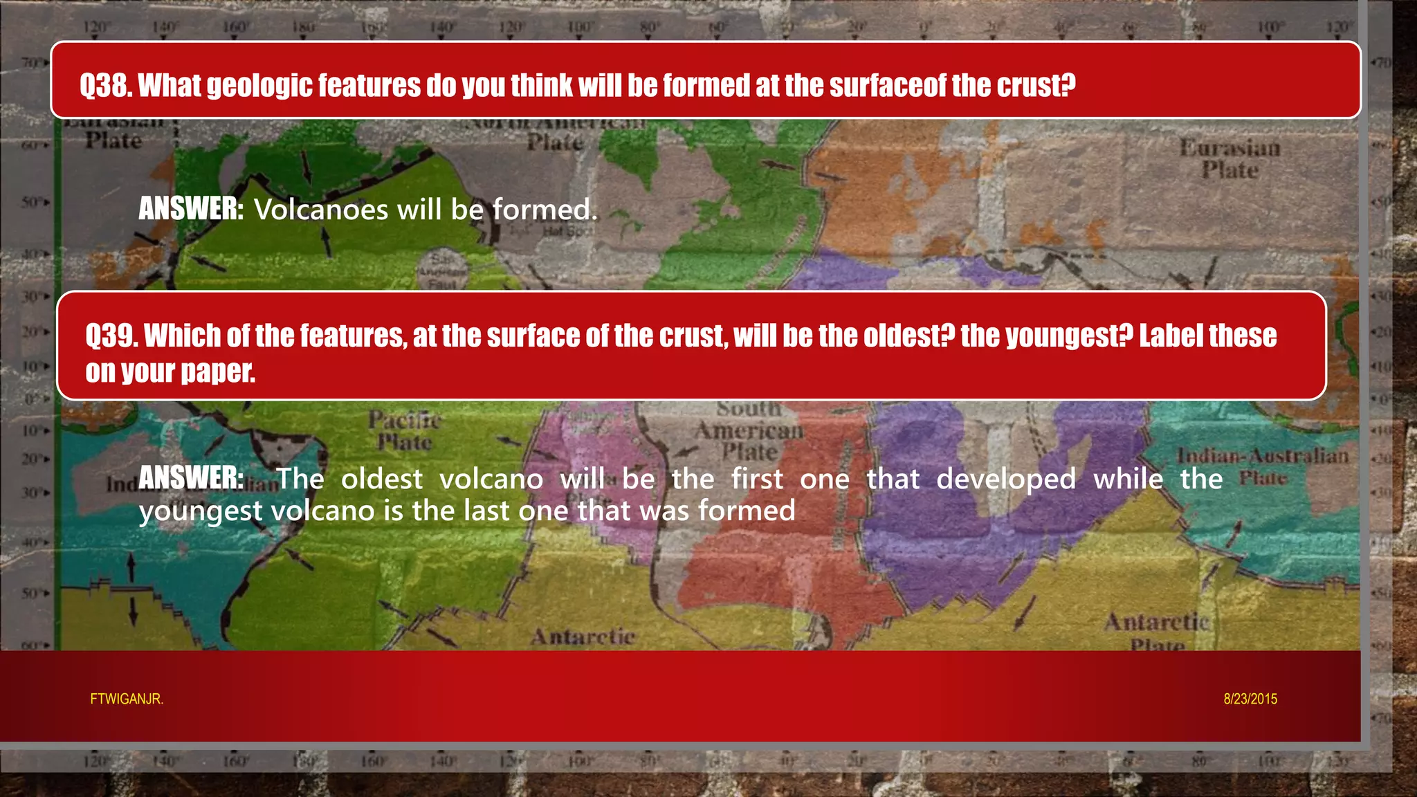 Q38. What geologic features do you think will be formed at the surfaceof the crust?
ANSWER: Volcanoes will be formed.
Q39. Which of the features, at the surface of the crust, will be the oldest? the youngest? Label these
on your paper.
ANSWER: The oldest volcano will be the first one that developed while the
youngest volcano is the last one that was formed
8/23/2015FTWIGANJR.
 