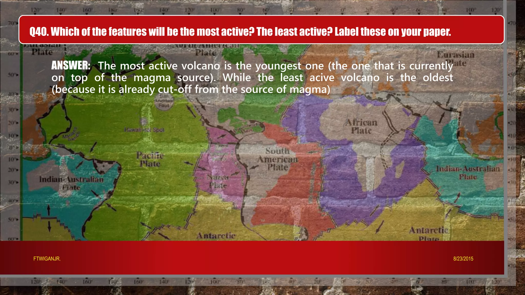 Q40. Which of the features will be the most active? The least active? Label these on your paper.
ANSWER: The most active volcano is the youngest one (the one that is currently
on top of the magma source). While the least acive volcano is the oldest
(because it is already cut-off from the source of magma)
8/23/2015FTWIGANJR.
 