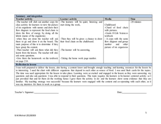 5
B.M.Mtshali 201200303
Summary and integration
Teacher activity Learner activity Media Time
-The teacher will dish out another copy for
class activity for learners to view the picture
of six organisms with names and draw their
flow diagram to represent the food chain to
show the flow of energy by doing all the
labels (name of the organisms).
-when they are done the teacher will ask
them to go and draw it on the board. The
main purpose of this is to determine if they
have grasp the content.
-Then teacher will ask them what did they
learnt from the lesson. The teacher will also
ask some questions.
-Give them the homework on the textbook
on page 210.
-The learners will be quiet; listening and
start doing the work,
-Then they will be given a chance to draw
their food chain on the chalkboard.
-The learner will be answering,
-Taking the home work page number.
Chalkboard
-Chard of food chain
with pictures.
-Grade 10 Life Sciences
textbook
- A copy with the same
flow diagram and group
number and other
picture of six organisms
-20 minutes
Reflection in lesson
I was well prepared to deliver the lesson, also having a content know and brought enough teaching and learning resources for the lesson be
to interesting. I used the chart with different organisms that depend to each other as source of food. I was used flash cards for the topics.
The time was used appropriate for the lesson to take place. Learning were so excited and engaged to the lesson as they were answering my
questions and also ask questions I was able to respond to their questions. This topic requires the learners to be learner centered activity so I
just provided that and let them do the working hence I gave them the activity to do and the learners show some evidence that they are
familiar. My teaching strategy was successful because the learners were engaged with the content and co-operating with each other, as it
was my intention for them to work as a group.
Teacher’s Signature: Date:
 