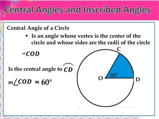 Central Angle of a Circle
 Is an angle whose vertex is the center of the
circle and whose sides are the radii of the circle
C
D
O
Is the central angle to 𝑪𝑫
𝑪𝑶𝑫
m = 60°
𝑪𝑶𝑫
 
