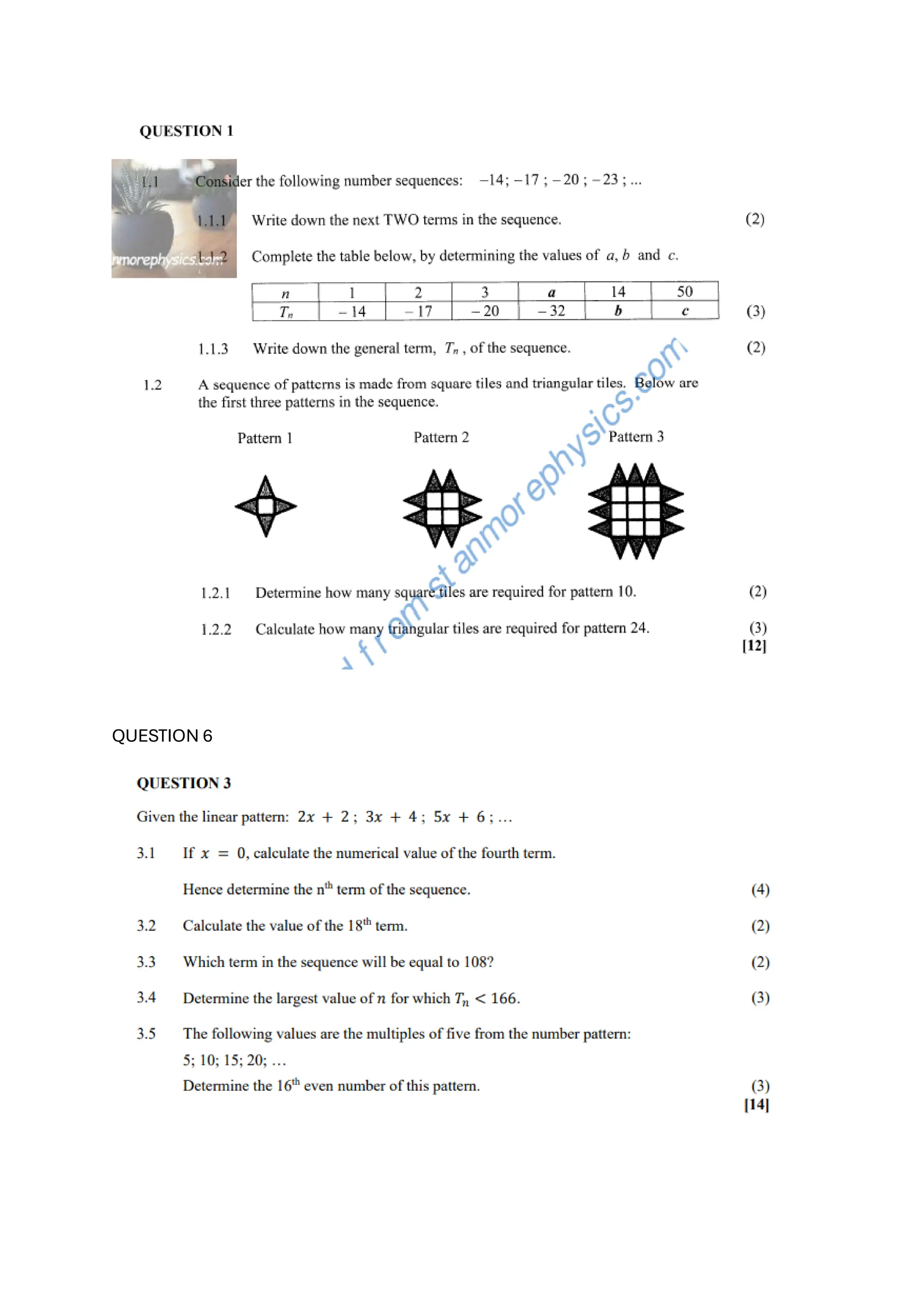 Grade 10 maths number patterns questions pdf