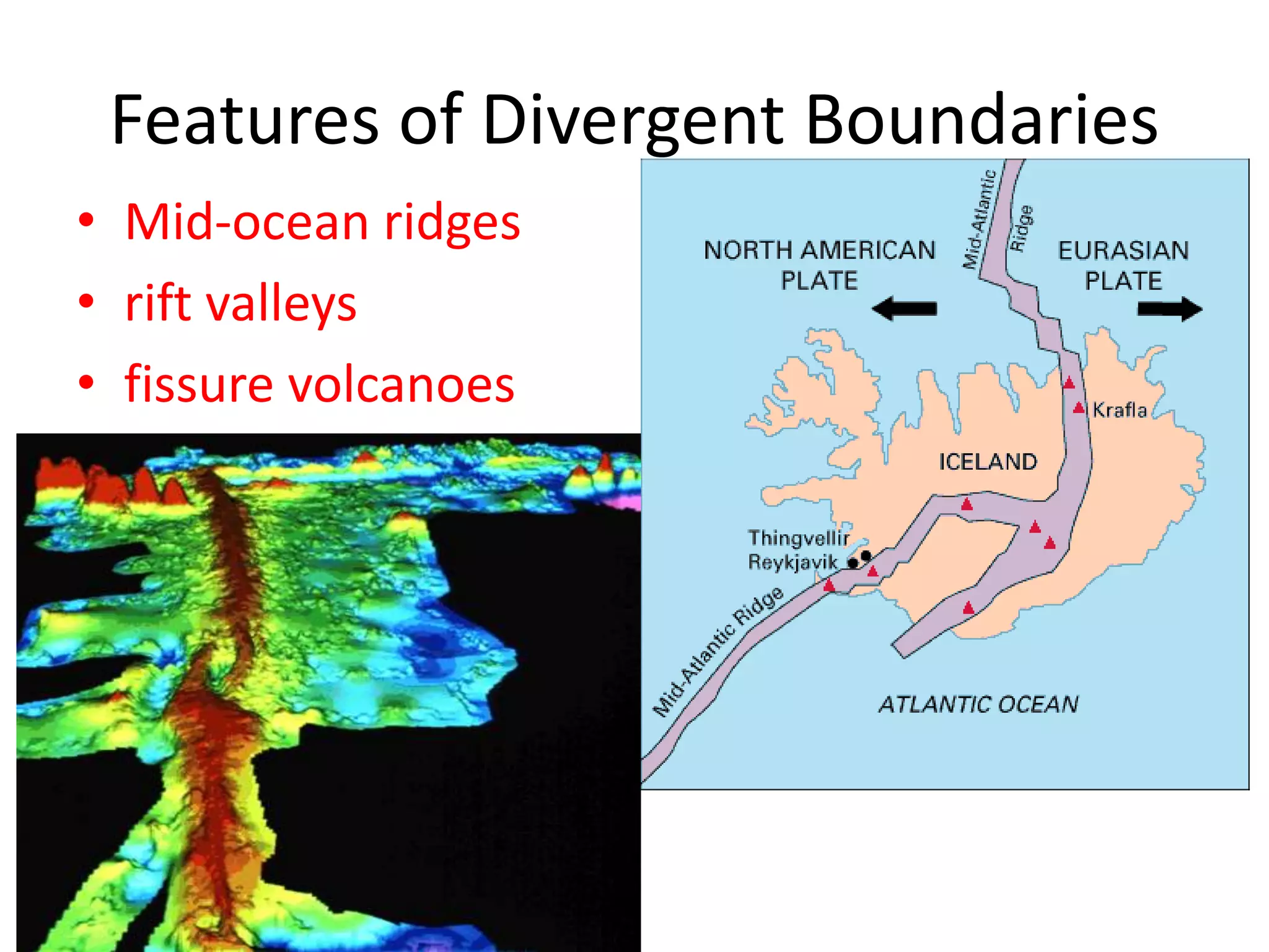 Features of Divergent Boundaries
• Mid-ocean ridges
• rift valleys
• fissure volcanoes
 