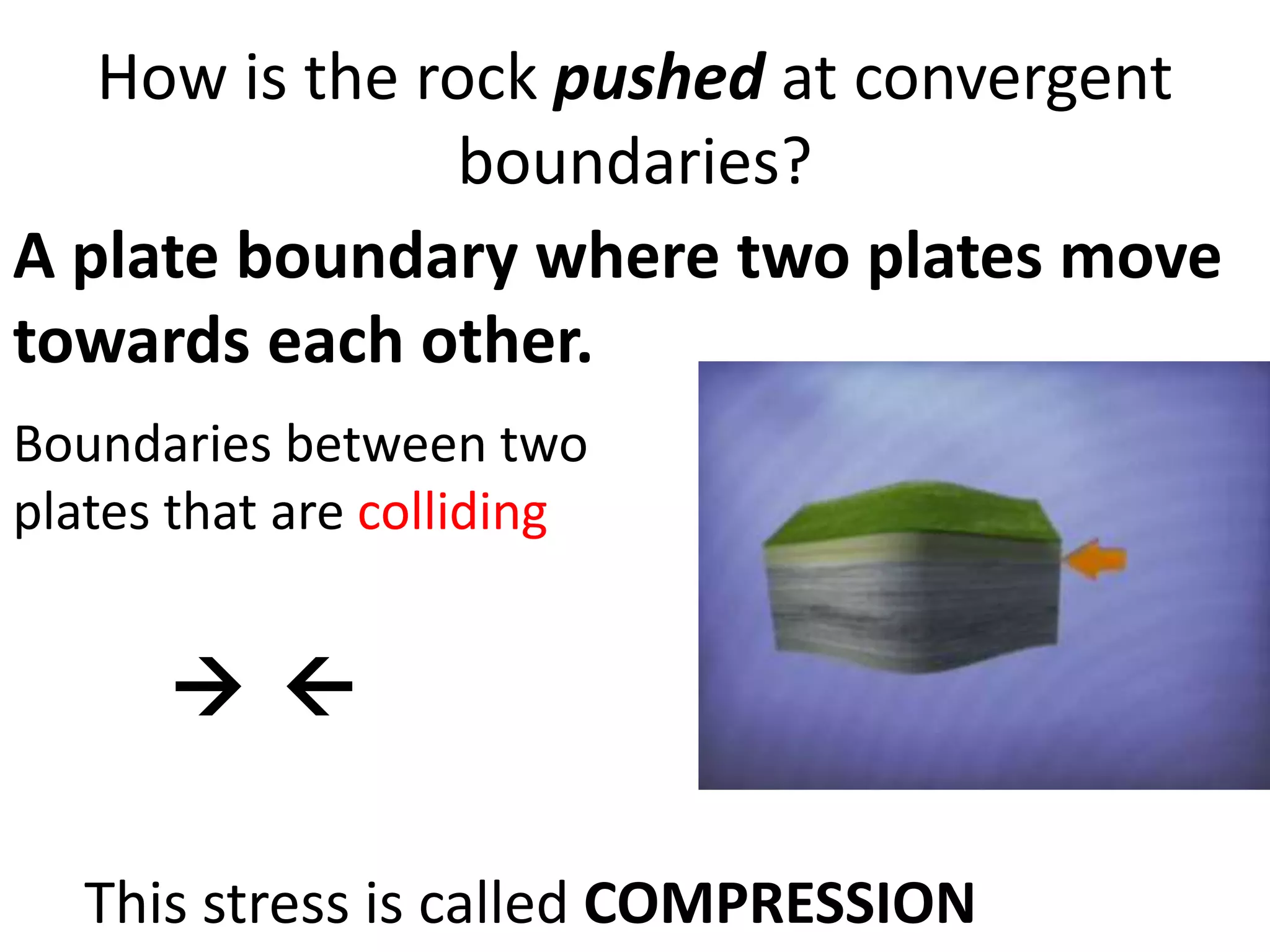 How is the rock pushed at convergent
boundaries?
A plate boundary where two plates move
towards each other.
Boundaries between two
plates that are colliding
 
This stress is called COMPRESSION
 