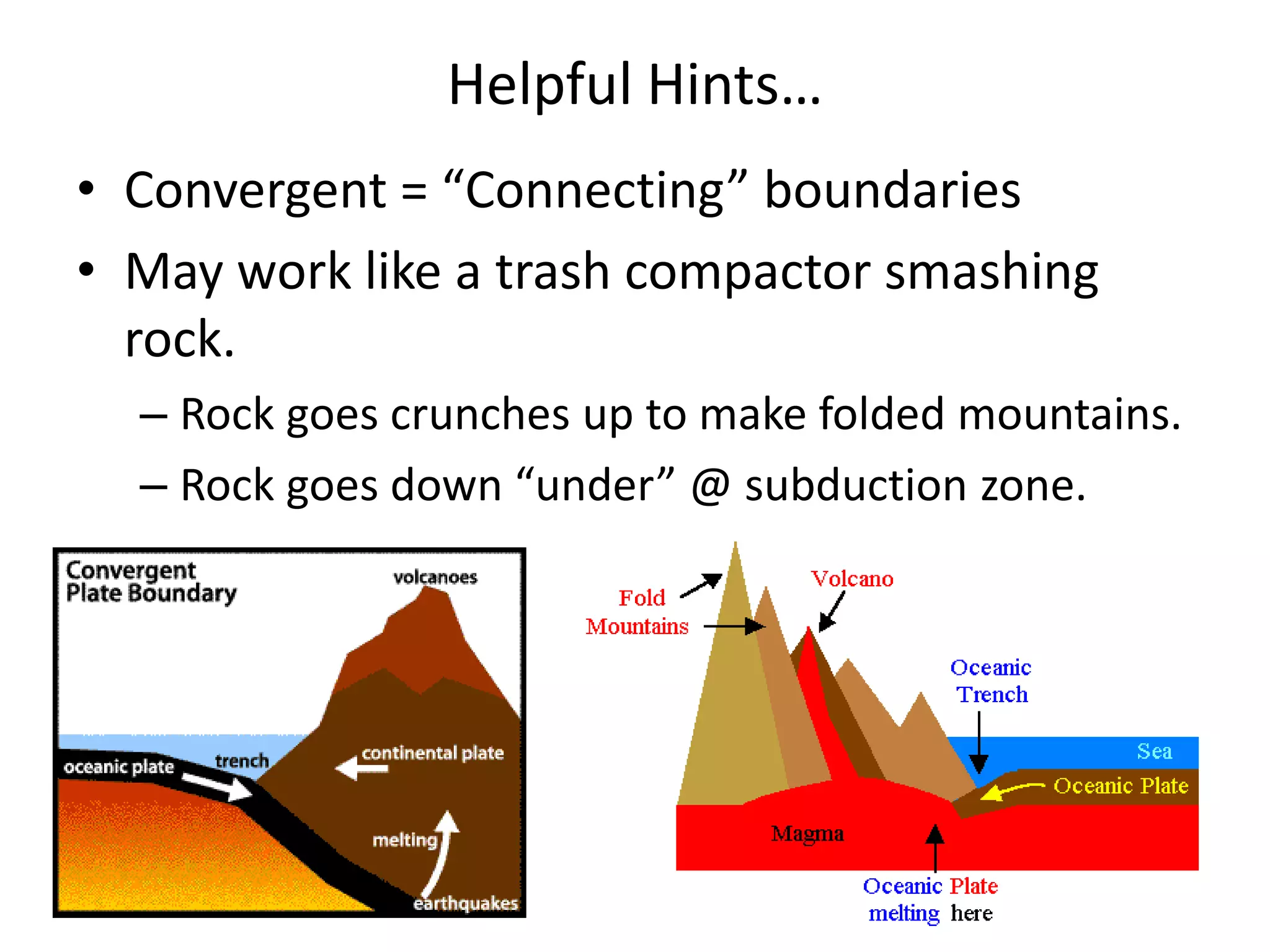 Helpful Hints…
• Convergent = “Connecting” boundaries
• May work like a trash compactor smashing
rock.
– Rock goes crunches up to make folded mountains.
– Rock goes down “under” @ subduction zone.
 