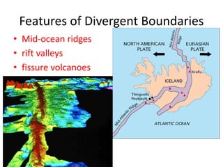 Features of Divergent Boundaries
• Mid-ocean ridges
• rift valleys
• fissure volcanoes
 