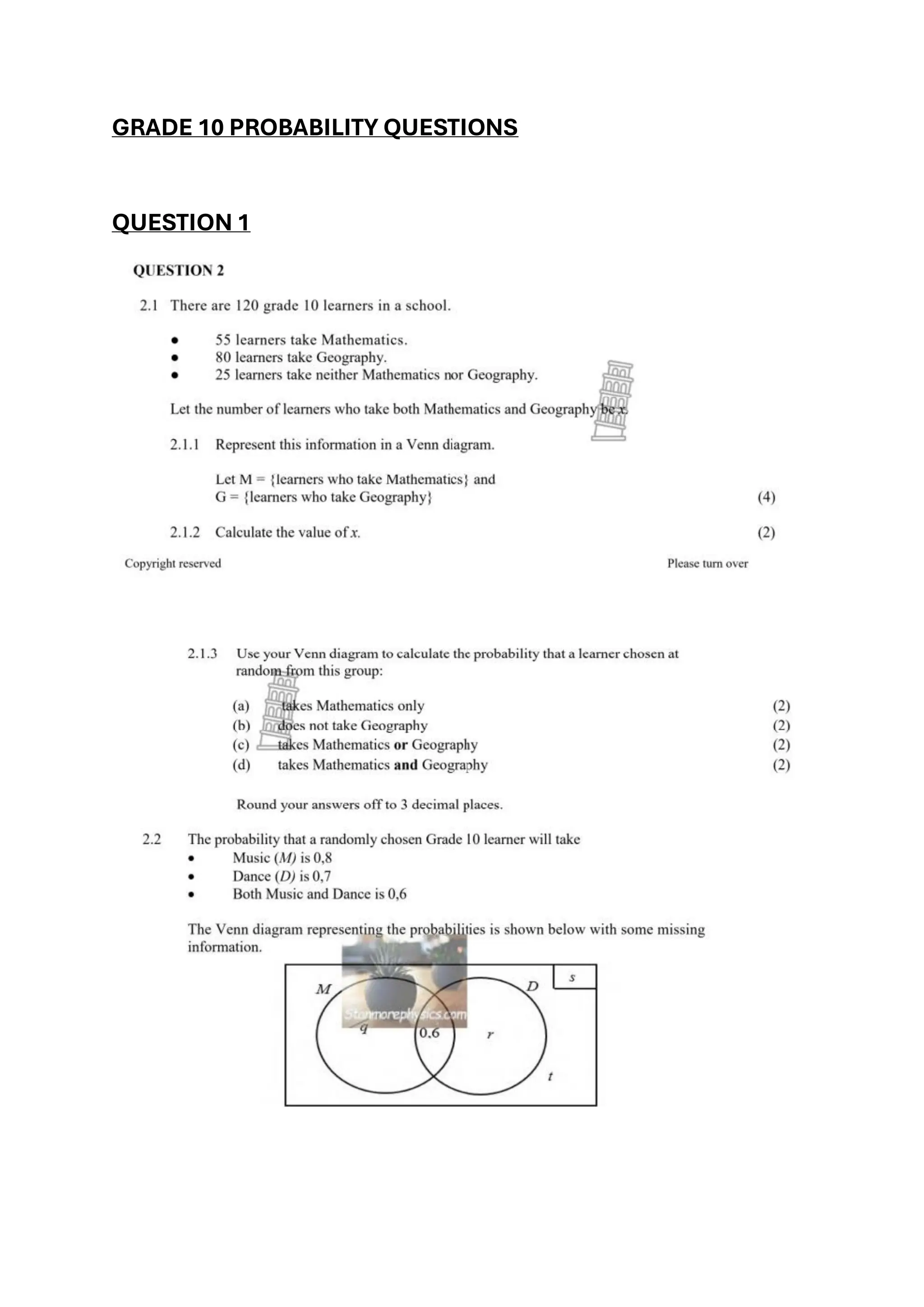 GRADE 10 PROBABILITY QUESTIONS
QUESTION 1