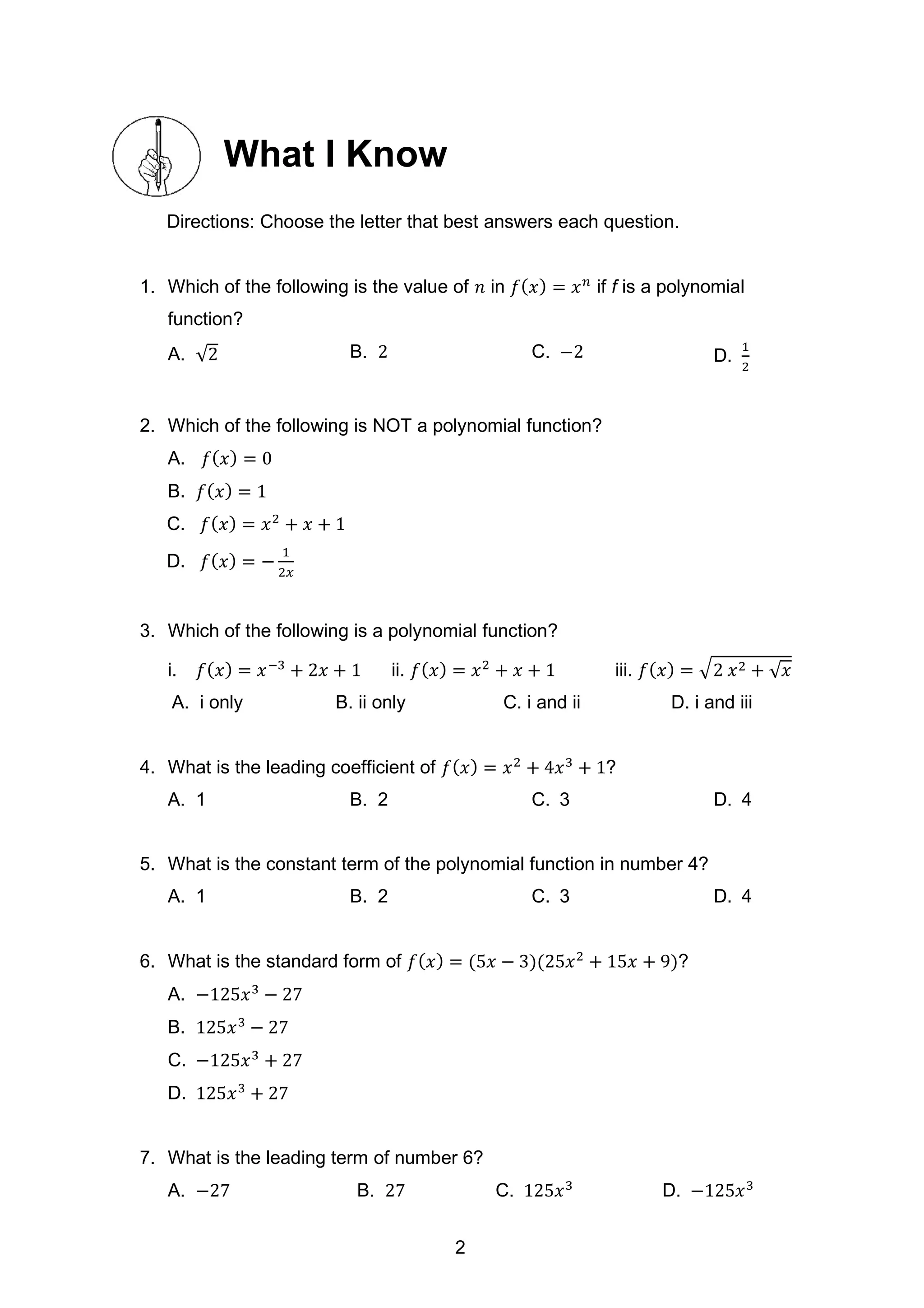 Grade10 Quarter2 Module1 Illustrating Polynomial Functions Version3 Pdf Grade10 Quarter2 Module1 Illustrating Polynomial Functions Version3 Pdf