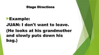 Stage Directions
Example:
JUAN: I don't want to leave.
(He looks at his grandmother
and slowly puts down his
bag.)
 