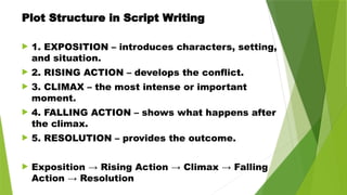 Plot Structure in Script Writing
 1. EXPOSITION – introduces characters, setting,
and situation.
 2. RISING ACTION – develops the conflict.
 3. CLIMAX – the most intense or important
moment.
 4. FALLING ACTION – shows what happens after
the climax.
 5. RESOLUTION – provides the outcome.
 Exposition → Rising Action → Climax → Falling
Action → Resolution
 