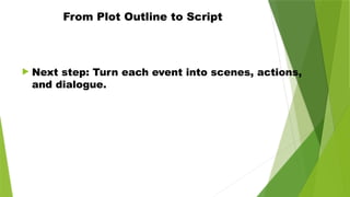 From Plot Outline to Script
 Next step: Turn each event into scenes, actions,
and dialogue.
 