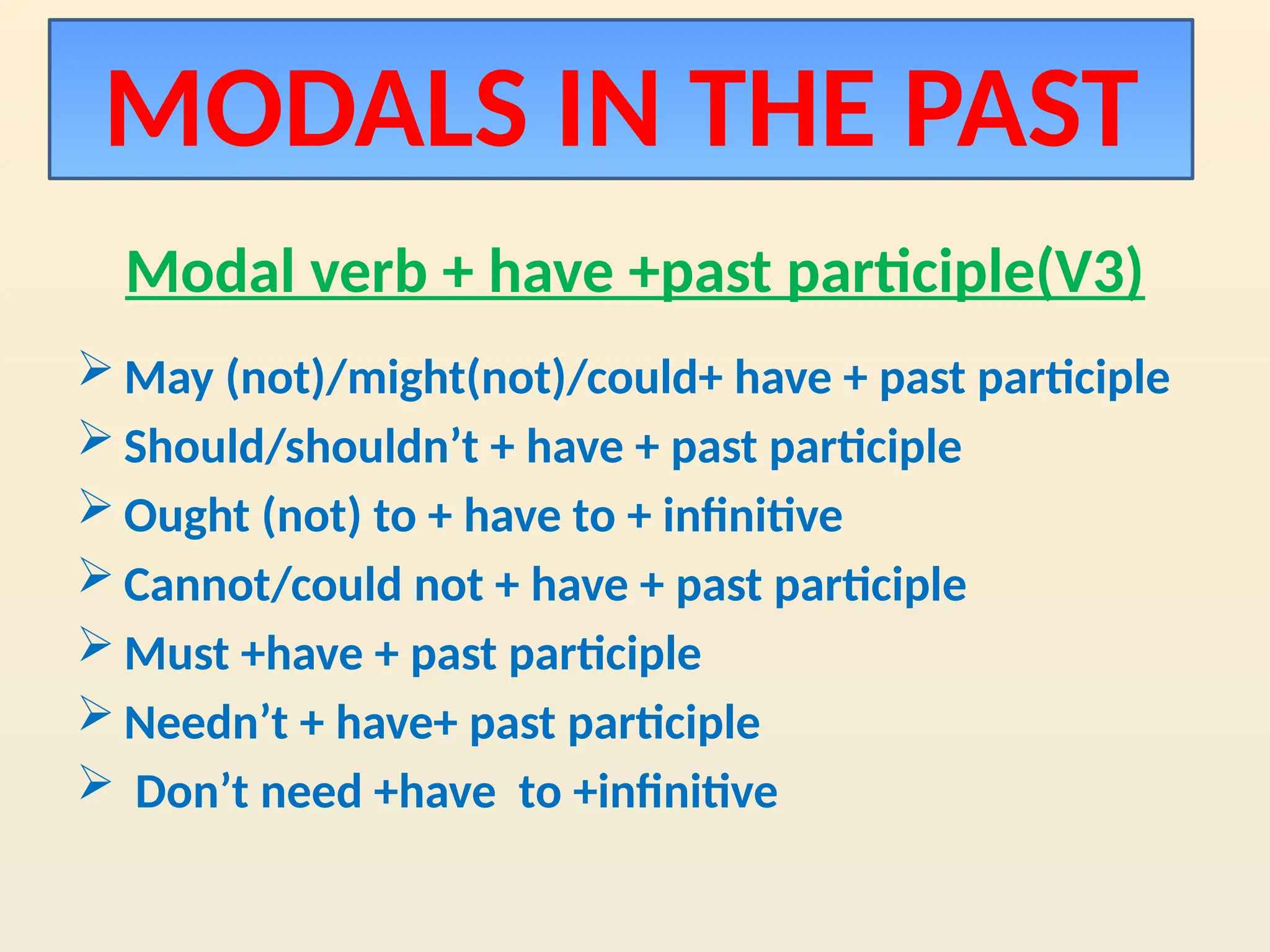 Modal verb + have +past participle(V3)
 May (not)/might(not)/could+ have + past participle
 Should/shouldn’t + have + past participle
 Ought (not) to + have to + infinitive
 Cannot/could not + have + past participle
 Must +have + past participle
 Needn’t + have+ past participle
 Don’t need +have to +infinitive
MODALS IN THE PAST
 