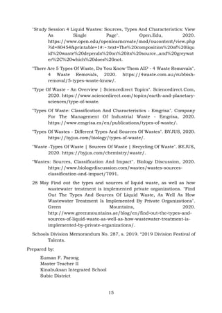 15
"Study Session 4 Liquid Wastes: Sources, Types And Characteristics: View
As Single Page". Open.Edu, 2020.
https://www.open.edu/openlearncreate/mod/oucontent/view.php
?id=80454&printable=1#:~:text=The%20composition%20of%20liqu
id%20waste%20depends%20on%20its%20source.,and%20greywat
er%2C%20which%20does%20not.
"There Are 5 Types Of Waste, Do You Know Them All? - 4 Waste Removals".
4 Waste Removals, 2020. https://4waste.com.au/rubbish-
removal/5-types-waste-know/.
"Type Of Waste - An Overview | Sciencedirect Topics". Sciencedirect.Com,
2020. https://www.sciencedirect.com/topics/earth-and-planetary-
sciences/type-of-waste.
"Types Of Waste: Classification And Characteristics - Emgrisa". Company
For The Management Of Industrial Waste - Emgrisa, 2020.
https://www.emgrisa.es/en/publications/types-of-waste/.
"Types Of Wastes - Different Types And Sources Of Wastes". BYJUS, 2020.
https://byjus.com/biology/types-of-waste/.
"Waste -Types Of Waste | Sources Of Waste | Recycling Of Waste". BYJUS,
2020. https://byjus.com/chemistry/waste/.
"Wastes: Sources, Classification And Impact". Biology Discussion, 2020.
https://www.biologydiscussion.com/wastes/wastes-sources-
classification-and-impact/7091.
28 May Find out the types and sources of liquid waste, as well as how
wastewater treatment is implemented private organizations. "Find
Out The Types And Sources Of Liquid Waste, As Well As How
Wastewater Treatment Is Implemented By Private Organizations".
Green Mountains, 2020.
http://www.greenmountains.ae/blog/en/find-out-the-types-and-
sources-of-liquid-waste-as-well-as-how-wastewater-treatment-is-
implemented-by-private-organizations/.
Schools Division Memorandum No. 287, s. 2019. “2019 Division Festival of
Talents.
Prepared by:
Euman F. Parong
Master Teacher II
Kinabuksan Integrated School
Subic District
 