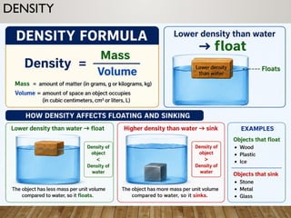 DENSITY
• Density = Mass/Volume
Lower density than water float
→
 