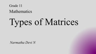 Types of Matrices
Narmatha Devi N
Mathematics
Grade 11
 