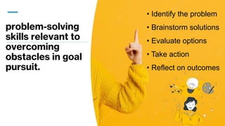 problem-solving
skills relevant to
overcoming
obstacles in goal
pursuit.
• Identify the problem
• Brainstorm solutions
• Evaluate options
• Take action
• Reflect on outcomes
 
