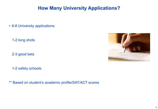 13
How Many University Applications?
• 6-8 University applications:
1-2 long shots
2-3 good bets
1-2 safety schools
** Based on student’s academic profile/SAT/ACT scores
 