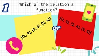 {(2, 4), (3, 5), (2, 6)}
or
or
1
1
Which of the relation a
function?
{(1, 3), (2, 4), (3, 5)}
 