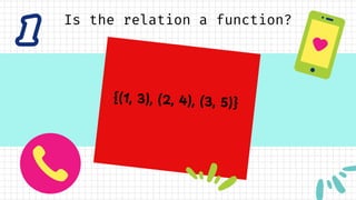 1
1 Is the relation a function?
{(1, 3), (2, 4), (3, 5)}
 