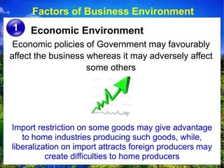 Factors of Business Environment
Economic Environment
Economic policies of Government may favourably
affect the business whereas it may adversely affect
some others
1
Import restriction on some goods may give advantage
to home industries producing such goods, while,
liberalization on import attracts foreign producers may
create difficulties to home producers
 