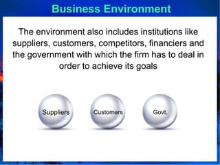 Business Environment
The environment also includes institutions like
suppliers, customers, competitors, financiers and
the government with which the firm has to deal in
order to achieve its goals
Suppliers Customers Govt.
 