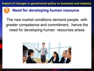 Impact of changes in government policy on business and industry
5 Need for developing human resource
The new market conditions demand people with
greater competence and commitment, hence the
need for developing human resources arises
 