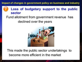 Impact of changes in government policy on business and industry
7 Loss of budgetary support to the public
sector
Fund allotment from government revenue has
declined over the years
This made the public sector undertakings to
become more efficient in the market
 