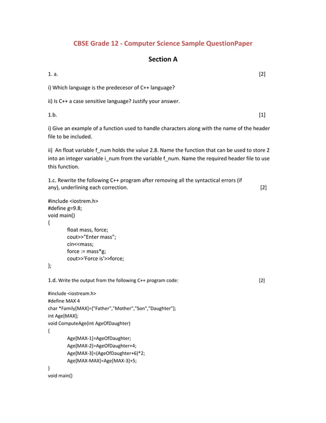 CBSE Grade12, Computer Science, Sample Question Paper | PDF