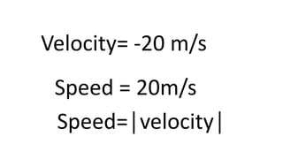 Velocity= -20 m/s
Speed = 20m/s
Speed=│velocity│
 