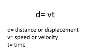 d= vt
d= distance or displacement
v= speed or velocity
t= time
 