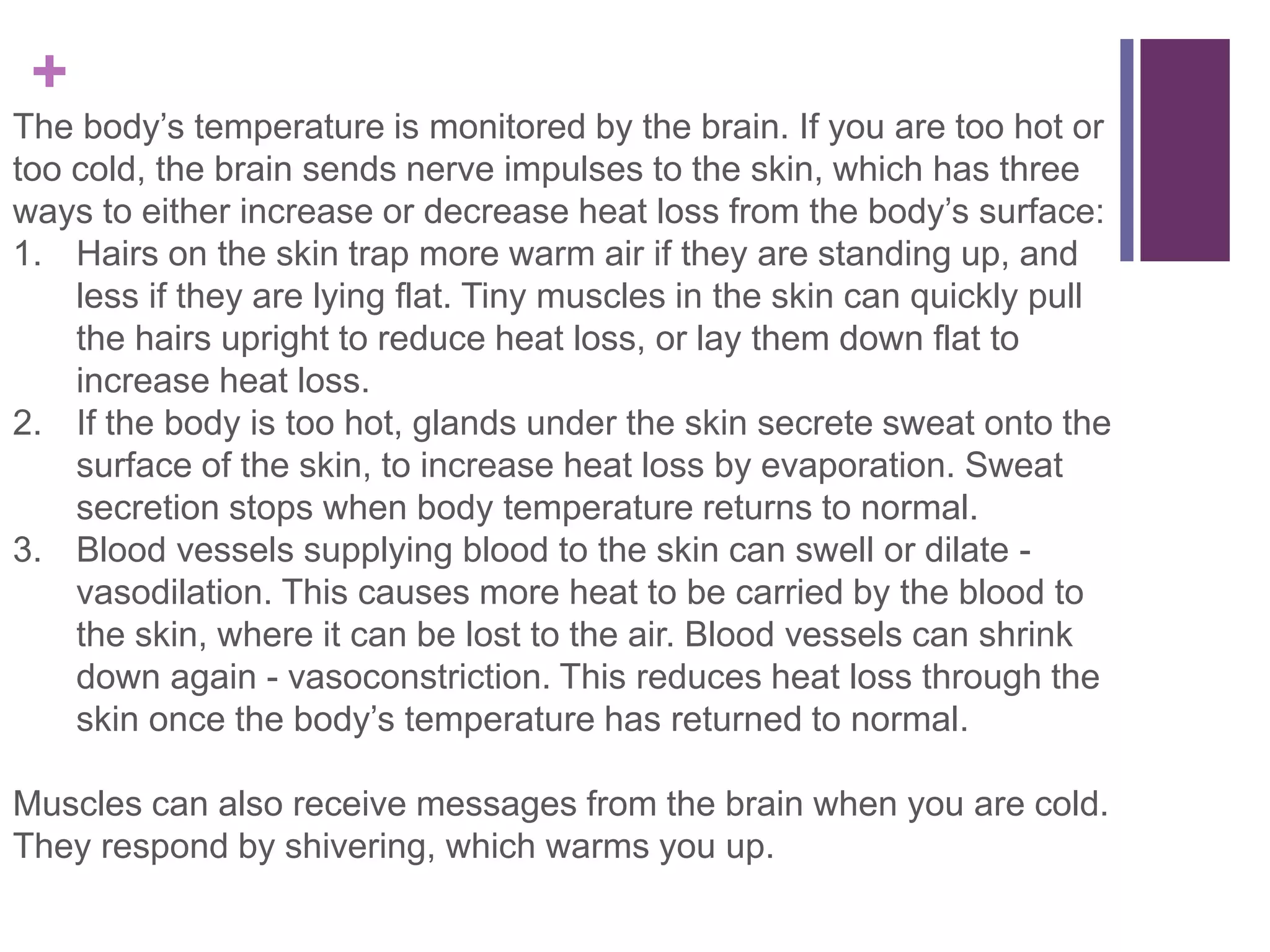 +
The body’s temperature is monitored by the brain. If you are too hot or
too cold, the brain sends nerve impulses to the skin, which has three
ways to either increase or decrease heat loss from the body’s surface:
1. Hairs on the skin trap more warm air if they are standing up, and
less if they are lying flat. Tiny muscles in the skin can quickly pull
the hairs upright to reduce heat loss, or lay them down flat to
increase heat loss.
2. If the body is too hot, glands under the skin secrete sweat onto the
surface of the skin, to increase heat loss by evaporation. Sweat
secretion stops when body temperature returns to normal.
3. Blood vessels supplying blood to the skin can swell or dilate -
vasodilation. This causes more heat to be carried by the blood to
the skin, where it can be lost to the air. Blood vessels can shrink
down again - vasoconstriction. This reduces heat loss through the
skin once the body’s temperature has returned to normal.
Muscles can also receive messages from the brain when you are cold.
They respond by shivering, which warms you up.
 