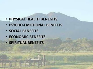 • PHYSICAL HEALTH BENEGITS
• PSYCHO-EMOTIONAL BENEFITS
• SOCIAL BENEFITS
• ECONOMIC BENEFITS
• SPIRITUAL BENEFITS
 