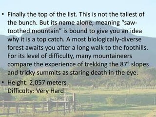 • Finally the top of the list. This is not the tallest of
the bunch. But its name alone, meaning “saw-
toothed mountain” is bound to give you an idea
why it is a top catch. A most biologically-diverse
forest awaits you after a long walk to the foothills.
For its level of difficulty, many mountaineers
compare the experience of trekking the 87° slopes
and tricky summits as staring death in the eye.
• Height: 2,057 meters
Difficulty: Very Hard
 