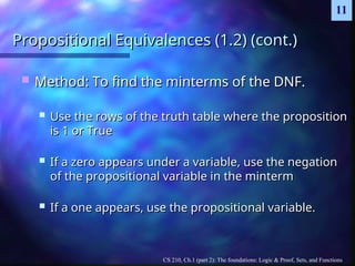 CS 210, Ch.1 (part 2): The foundations: Logic & Proof, Sets, and Functions
11
Propositional Equivalences (1.2) (cont.)
Propositional Equivalences (1.2) (cont.)
 Method: To find the minterms of the DNF.
Method: To find the minterms of the DNF.
 Use the rows of the truth table where the proposition
Use the rows of the truth table where the proposition
is 1 or True
is 1 or True
 If a zero appears under a variable, use the negation
If a zero appears under a variable, use the negation
of the propositional variable in the minterm
of the propositional variable in the minterm
 If a one appears, use the propositional variable.
If a one appears, use the propositional variable.
 