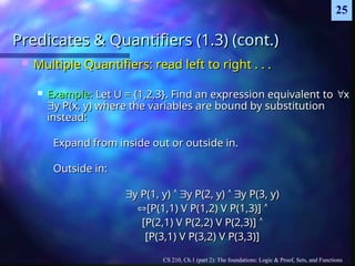 CS 210, Ch.1 (part 2): The foundations: Logic & Proof, Sets, and Functions
25
Predicates & Quantifiers (1.3) (cont.)
Predicates & Quantifiers (1.3) (cont.)
 Multiple Quantifiers: read left to right . . .
Multiple Quantifiers: read left to right . . .
 Example:
Example: Let U = {1,2,3}. Find an expression equivalent to
Let U = {1,2,3}. Find an expression equivalent to 
x
x

y P(x, y) where the variables are bound by substitution
y P(x, y) where the variables are bound by substitution
instead:
instead:
Expand from inside out or outside in.
Expand from inside out or outside in.
Outside in:
Outside in:

y P(1, y)
y P(1, y) 
 
y P(2, y)
y P(2, y) 
 
y P(3, y)
y P(3, y)

[P(1,1) V P(1,2) V P(1,3)]
[P(1,1) V P(1,2) V P(1,3)] 

[P(2,1) V P(2,2) V P(2,3)]
[P(2,1) V P(2,2) V P(2,3)] 

[P(3,1) V P(3,2) V P(3,3)]
[P(3,1) V P(3,2) V P(3,3)]
 