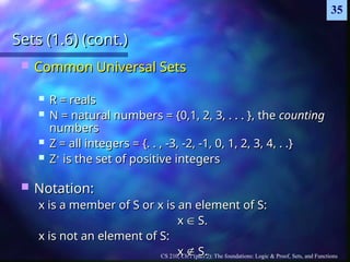 CS 210, Ch.1 (part 2): The foundations: Logic & Proof, Sets, and Functions
35
Sets (1.6) (cont.)
Sets (1.6) (cont.)
 Common Universal Sets
Common Universal Sets
 R = reals
R = reals
 N = natural numbers = {0,1, 2, 3, . . . }, the
N = natural numbers = {0,1, 2, 3, . . . }, the counting
counting
numbers
numbers
 Z = all integers = {. . , -3, -2, -1, 0, 1, 2, 3, 4, . .}
Z = all integers = {. . , -3, -2, -1, 0, 1, 2, 3, 4, . .}
 Z
Z+
+
is the set of positive integers
is the set of positive integers
 Notation:
Notation:
x is a member of S or x is an element of S:
x is a member of S or x is an element of S:
x
x 
 S.
S.
x is not an element of S:
x is not an element of S:
x
x 
 S.
S.
 