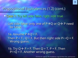 CS 210, Ch.1 (part 2): The foundations: Logic & Proof, Sets, and Functions
5
Propositional Equivalences (1.2) (cont.)
Propositional Equivalences (1.2) (cont.)
 Case 1:
Case 1: Try left side false, right side true
Try left side false, right side true
Left side false: only one of P
Left side false: only one of P
Q or Q
Q or Q
 P need
P need
be false.
be false.
1a. Assume P
1a. Assume P
Q = F.
Q = F.
Then P = T , Q = F. But then right side P
Then P = T , Q = F. But then right side P
Q = F.
Q = F.
Wrong guess.
Wrong guess.
1b. Try Q
1b. Try Q
 P = F. Then Q = T, P = F. Then
P = F. Then Q = T, P = F. Then
P
P
Q = F. Another wrong guess.
Q = F. Another wrong guess.
 