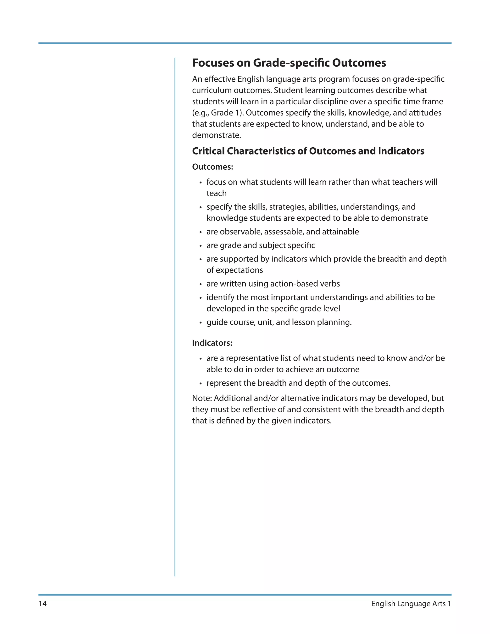 Focuses on Grade-specific Outcomes
     An effective English language arts program focuses on grade-specific
     curriculum outcomes. Student learning outcomes describe what
     students will learn in a particular discipline over a specific time frame
     (e.g., Grade 1). Outcomes specify the skills, knowledge, and attitudes
     that students are expected to know, understand, and be able to
     demonstrate.
     Critical Characteristics of Outcomes and Indicators
     Outcomes:
       • focus on what students will learn rather than what teachers will
         teach
       • specify the skills, strategies, abilities, understandings, and
         knowledge students are expected to be able to demonstrate
       • are observable, assessable, and attainable
       • are grade and subject specific
       • are supported by indicators which provide the breadth and depth
         of expectations
       • are written using action-based verbs
       • identify the most important understandings and abilities to be
         developed in the specific grade level
       • guide course, unit, and lesson planning.

     Indicators:
       • are a representative list of what students need to know and/or be
         able to do in order to achieve an outcome
       • represent the breadth and depth of the outcomes.
     Note: Additional and/or alternative indicators may be developed, but
     they must be reflective of and consistent with the breadth and depth
     that is defined by the given indicators.




14                                                      English Language Arts 1
 
