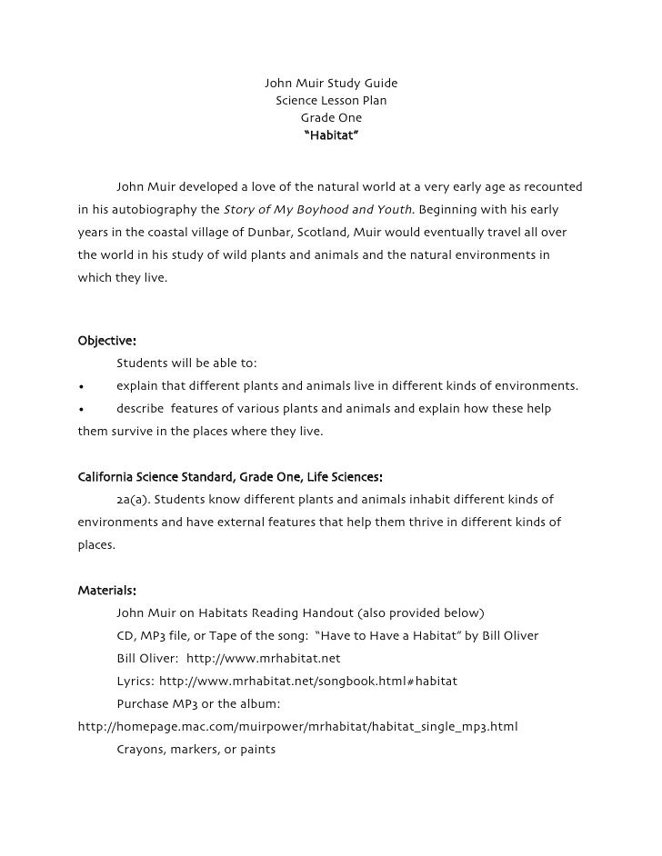 Have to Have a Habitat Grade One Science Lesson Plan John Muir Study