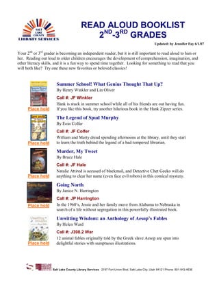 READ ALOUD BOOKLIST 
                                            ND  RD 
                                           2  ­3  GRADES 
                                                                                               Updated: by Jennifer Fay 6/1/07 

        nd    rd 
Your 2  or 3  grader is becoming an independent reader, but it is still important to read aloud to him or 
her.  Reading out loud to older children encourages the development of comprehension, imagination, and 
other literacy skills, and it is a fun way to spend time together.  Looking for something to read that you 
will both like?  Try one these new favorites or beloved classics! 


                       Summer School! What Genius Thought That Up? 
                       By Henry Winkler and Lin Oliver 
                       Call #: JF Winkler 
                       Hank is stuck in summer school while all of his friends are out having fun. 
      Place hold       If you like this book, try another hilarious book in the Hank Zipzer series. 

                       The Legend of Spud Murphy 
                       By Eoin Colfer 
                       Call #: JF Colfer 
                       William and Marty dread spending afternoons at the library, until they start 
                       to learn the truth behind the legend of a bad­tempered librarian. 
      Place hold 
                       Murder, My Tweet 
                       By Bruce Hale 
                       Call #: JF Hale 
                       Natalie Attired is accused of blackmail, and Detective Chet Gecko will do 
      Place hold       anything to clear her name (even face evil robots) in this comical mystery. 

                       Going North 
                       By Janice N. Harrington 
                       Call #: JP Harrington 
                       In the 1960’s, Jessie and her family move from Alabama to Nebraska in 
      Place hold 
                       search of a life without segregation in this powerfully illustrated book. 

                       Unwitting Wisdom: an Anthology of Aesop’s Fables 
                       By Helen Ward 
                       Call #: J398.2 War 
                       12 animal fables originally told by the Greek slave Aesop are spun into 
      Place hold       delightful stories with sumptuous illustrations.




                    Salt Lake County Library Services  2197 Fort Union Blvd, Salt Lake City, Utah 84121 Phone: 801­943­4636 
 