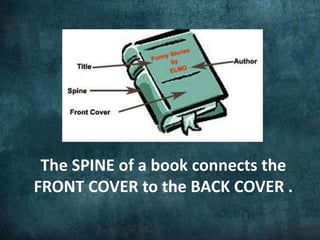 The SPINE of a book connects the
FRONT COVER to the BACK COVER .
 