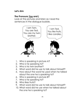 25
Let's Aim
The Pronouns You and I
Look at the pictures and listen as I read the
sentences in the dialogue bubble.
A B
1. Who is speaking in picture A?
2. Who is he speaking to?
3. Who is his twin brother?
4. What word did he use to talk about himself?
5. How about the word he used when he talked
about the one he is speaking to?
6. Who is speaking in picture B?
7. Who is he speaking to?
8. Who likes fruits?
9. What word did he use to talk about himself?
10. What word did he use when he talked about
the one he is speaking to?
I am Ted.
You like fruits.
I like candies.
I am Tam.
You are Ted.
You are my twin
brother.
 