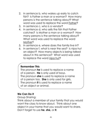 41
2. In sentence b, who wakes up early to catch
fish? Is Father a man or a woman? How many
persons is the sentence talking about? What
word was used to replace the word Father?
3. In sentence c, who is a vendor?
4. In sentence d, who sells the fish that Father
catches? Is Mother a man or a woman? How
many persons is the sentence talking about?
What word was used to replace the word
Mother?
5. In sentence e, where does the family live in?
6. In sentence f, what is near the sea? Is nipa hut
an object? How many objects is being talked
about in this sentence? What word was used
to replace the word nipa hut?
We Can Do It
Group Sharing:
Think about a member of your family that you would
want the class to know about. Think about one
object in your home that you would want to share.
Don't forget to use he, she, or it.
Remember This
The pronoun he is used to replace a name
of a person. He is only used of boys.
The pronoun she is used to replace a name
of a person too. She is only used for girls.
The pronoun it is used to replace a name
of an object or animal.
 