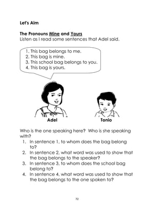 72
Let's Aim
The Pronouns Mine and Yours
Listen as I read some sentences that Adel said.
Adel Tonio
Who is the one speaking here? Who is she speaking
with?
1. In sentence 1, to whom does the bag belong
to?
2. In sentence 2, what word was used to show that
the bag belongs to the speaker?
3. In sentence 3, to whom does the school bag
belong to?
4. In sentence 4, what word was used to show that
the bag belongs to the one spoken to?
1. This bag belongs to me.
2. This bag is mine.
3. This school bag belongs to you.
4. This bag is yours.
 