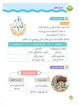 ُ‫ل‬ َّ‫و‬َ‫أل‬‫ا‬ ُ‫س‬ْ‫ر‬ َّ‫الد‬
1
16
:‫الئي‬ َ‫م‬ُ‫ز‬ َ‫ع‬ َ‫م‬ ُ‫ن‬ َ‫عاو‬َ‫ت‬َ‫أ‬
: ُ‫جيب‬ ُ‫ن‬ َ‫و‬ ‫؛‬ ُ‫ر‬ ِّ‫ك‬ َ‫ف‬ ُ‫ن‬
‫؟‬ِ‫ة‬َ‫ي‬ِ‫اآلت‬ ِ‫الحاالت‬ ‫في‬ َ‫ل‬َ‫ع‬ْ‫ف‬َ‫ن‬ ْ‫ن‬َ‫أ‬ ‫نا‬ْ‫ي‬َ‫ل‬َ‫ع‬ ُ‫ب‬ِ‫ج‬َ‫ي‬ ‫ماذا‬ 1
»».‫نا‬ِ‫فوس‬ُ‫ن‬ ‫في‬ ُ‫دور‬َ‫ي‬ ‫ما‬ ُ‫َم‬‫ل‬ْ‫ع‬َ‫ي‬ َ‫ه‬ّ‫ل‬‫ال‬ َّ‫ن‬َ‫أ‬ ‫نا‬ْ‫م‬ِ‫ل‬َ‫ع‬ ‫ذا‬ِ‫إ‬
»».ِ‫ه‬ِ‫باد‬ِ‫ع‬ِ‫ب‬ ٌ‫َطيف‬‫ل‬ َ‫ه‬ّ‫ل‬‫ال‬ َّ‫ن‬َ‫أ‬ ‫نا‬ْ‫م‬ِ‫ل‬َ‫ع‬ ‫ذا‬ِ‫إ‬
:ِ‫يار‬ِ‫ت‬ْ‫خ‬ ِ‫ال‬ ِ‫ب‬َ‫ب‬ َ‫س‬ ِ‫ح‬‫ضي‬ْ‫و‬َ‫ت‬ َ‫ع‬َ‫م‬ ‫اآلتي‬ ِ‫ل‬َ‫و‬ْ‫د‬َ‫الج‬ ‫في‬ َ‫ب‬ِ‫ناس‬ُ‫الم‬ َ‫ف‬ُّ‫ر‬ َ‫ص‬َّ‫ت‬‫ال‬ ُ‫تار‬ْ‫خ‬َ‫ن‬ 2
ُ‫ف‬ ِ‫ق‬ ْ‫و‬ َ‫الم‬ُ‫ب‬ ِ‫ناس‬ ُ‫الم‬ ُ‫ف‬ُّ‫ر‬ َ‫ص‬ َّ‫الت‬ِ‫ر‬‫يا‬ ِ‫ت‬ ْ‫خ‬ ِ‫ال‬ ُ‫ب‬َ‫ب‬ َ‫س‬
ْ‫ت‬َ‫ف‬َّ‫ق‬َ‫و‬َ‫ت‬َ‫و‬ ُ‫ة‬َ‫ار‬ّ‫ي‬ َّ‫الس‬ ِ‫َت‬‫ل‬َّ‫ط‬َ‫ع‬َ‫ت‬
ِ‫ل‬َ‫م‬َ‫ع‬‫ال‬ ِ‫ن‬َ‫ع‬
:‫لى‬ِ‫إ‬‫ها‬ُ‫ذ‬ُ‫خ‬ْ‫أ‬َ‫ن‬
ِ‫ار‬ّ‫ج‬َّ‫ن‬‫ال‬‫ـ‬ ِّ‫ي‬ِ‫الميكانيك‬‫ـ‬ ِ‫بيب‬َّ‫ط‬‫ال‬
...............................................
َ‫ر‬ ِ‫س‬ُ‫ك‬َ‫ف‬ ٌ‫فور‬ ْ‫ص‬ُ‫ع‬ َ‫ط‬َ‫ق‬ َ‫س‬
‫نا‬ِ‫ل‬ِ‫ز‬ْ‫ن‬َ‫م‬‫في‬ ُ‫ه‬ُ‫ناح‬َ‫ج‬
‫ـ‬ ُ‫ه‬ُ‫ك‬ُ‫ر‬ْ‫ت‬َ‫ن‬‫ـ‬ ُ‫ه‬ُ‫ج‬ِ‫عال‬ُ‫ن‬
ِ‫ل‬ِ‫ز‬ْ‫ن‬َ‫م‬‫ال‬ َ‫ج‬ِ‫خار‬ ِ‫ميه‬ْ‫ر‬َ‫ن‬
...............................................
:‫فاهيمي‬ َ‫م‬ ُ‫م‬ ِّ‫ظ‬َ‫ن‬ُ‫أ‬
ُ‫بير‬ َ‫الخ‬ ُ‫طيف‬ َّ‫الل‬ ُ‫هللا‬
ِ‫ه‬ِ‫باد‬ِ‫ع‬ِ‫ب‬ ٌ‫َطيف‬‫ل‬ْ‫م‬ُ‫ه‬ُ‫ع‬َ‫ف‬ْ‫ن‬َ‫ي‬ ‫ما‬ِ‫ب‬ ٌ‫بير‬َ‫خ‬
ْ‫م‬ِ‫ه‬ِ‫ب‬ ُ‫ف‬َ‫أ‬ْ‫ر‬َ‫ي‬ َ‫و‬ ْ‫م‬ُ‫ه‬ُ‫م‬َ‫ح‬ْ‫ر‬َ‫ي‬
ْ‫م‬ُ‫ه‬َ‫ل‬ ُ‫ه‬ُ‫ر‬ِّ‫خ‬ َ‫س‬ُ‫ي‬ َ‫و‬،ْ‫م‬ُ‫ه‬َ‫ق‬ْ‫ز‬ِ‫ر‬ ْ‫م‬ُ‫ه‬َ‫ل‬ ُ‫ر‬ ِّ‫س‬َ‫ي‬ُ‫ي‬
‫في‬ ‫ما‬ِ‫ب‬ َ‫و‬ ْ‫م‬ِ‫ه‬ِ‫وال‬ْ‫ح‬َ‫أ‬ِ‫ب‬ ٌ‫ليم‬َ‫ع‬
ْ‫م‬ِ‫ه‬ِ‫دور‬ ُ‫ص‬
 