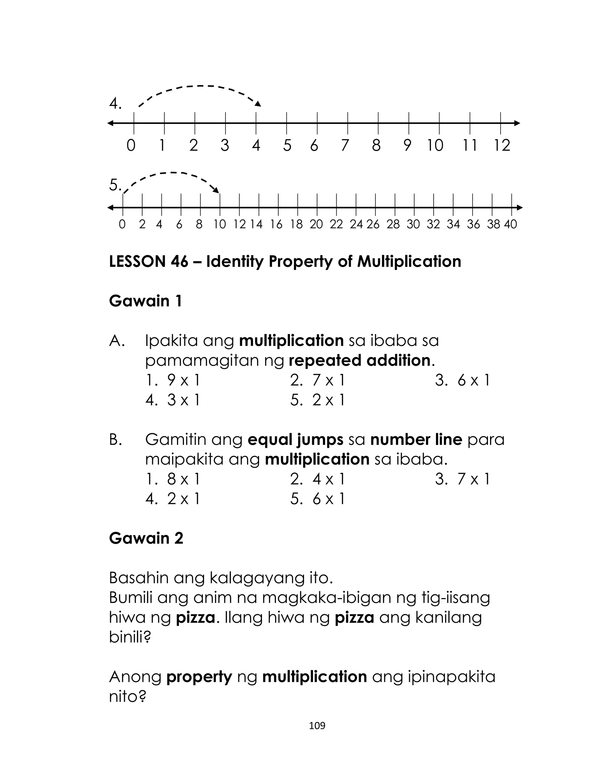 109
4.
0 1 2 3 4 5 6 7 8 9 10 11 12
5.
0 2 4 6 8 10 12 14 16 18 20 22 24 26 28 30 32 34 36 38 40
LESSON 46 – Identity Property of Multiplication
Gawain 1
A. Ipakita ang multiplication sa ibaba sa
pamamagitan ng repeated addition.
1. 9 x 1 2. 7 x 1 3. 6 x 1
4. 3 x 1 5. 2 x 1
B. Gamitin ang equal jumps sa number line para
maipakita ang multiplication sa ibaba.
1. 8 x 1 2. 4 x 1 3. 7 x 1
4. 2 x 1 5. 6 x 1
Gawain 2
Basahin ang kalagayang ito.
Bumili ang anim na magkaka-ibigan ng tig-iisang
hiwa ng pizza. Ilang hiwa ng pizza ang kanilang
binili?
Anong property ng multiplication ang ipinapakita
nito?
 