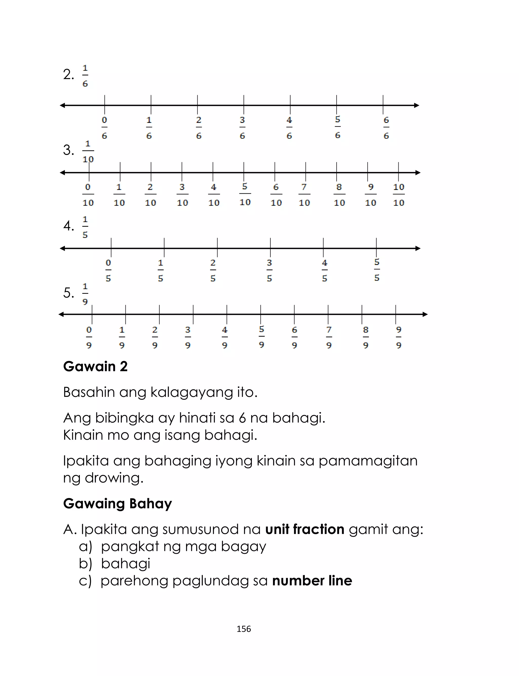 156
2.
3.
4.
5.
Gawain 2
Basahin ang kalagayang ito.
Ang bibingka ay hinati sa 6 na bahagi.
Kinain mo ang isang bahagi.
Ipakita ang bahaging iyong kinain sa pamamagitan
ng drowing.
Gawaing Bahay
A. Ipakita ang sumusunod na unit fraction gamit ang:
a) pangkat ng mga bagay
b) bahagi
c) parehong paglundag sa number line
 